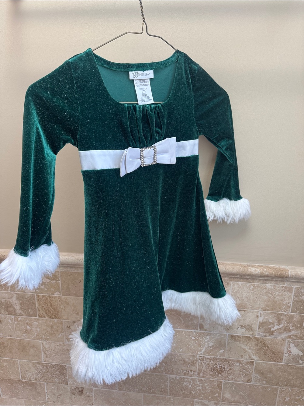 Bonnie Jean Emerald Green Velvet Holiday Dress with White Trim